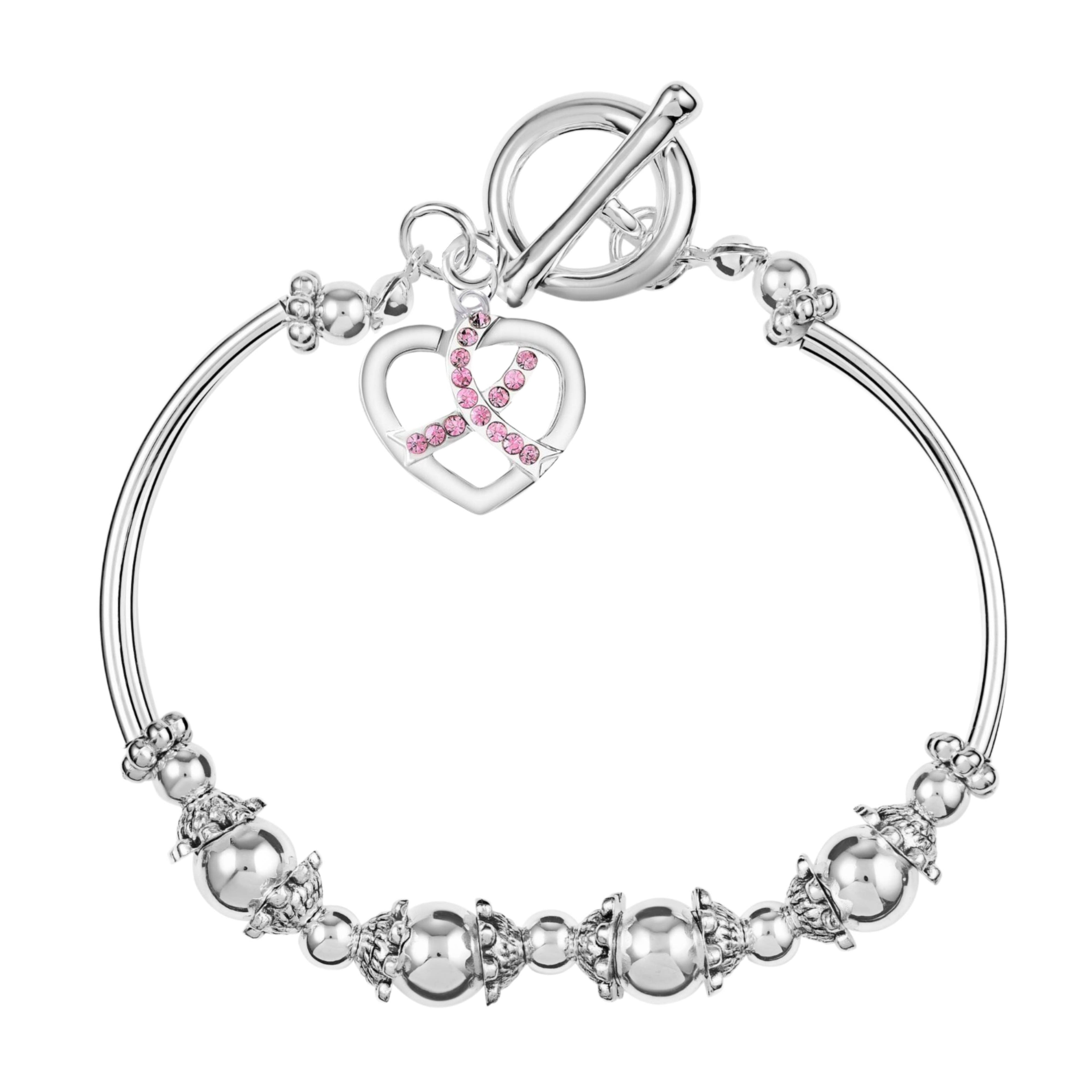 Crystal Pink Ribbon Heart Charm Silver Partial Beaded Bracelet