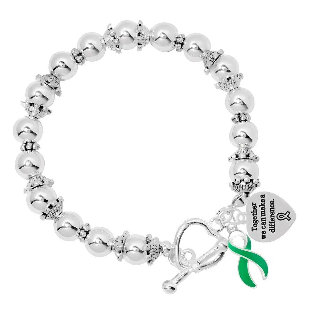 "Make A Difference" Green Ribbon & Silver Beaded Bracelets