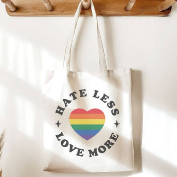 Hate Less Love More Rainbow Pride LGBTQ Canvas Tote Bag