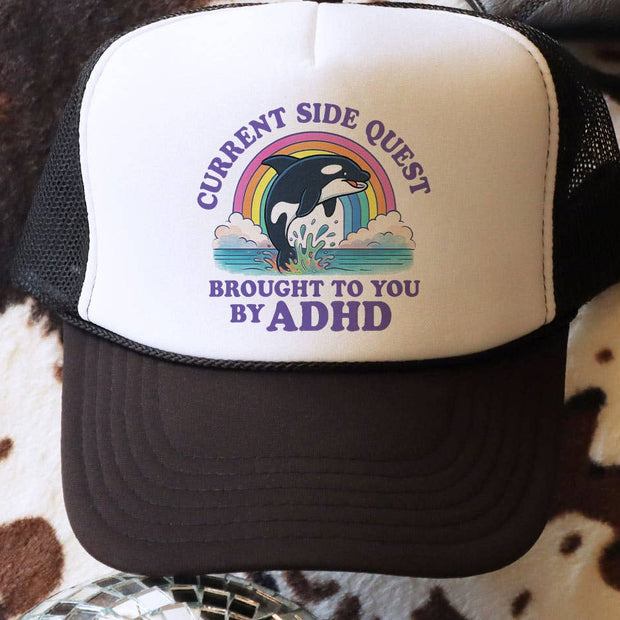 Current Side Quest ADHD Funny Rainbow Whale Trucker Hat