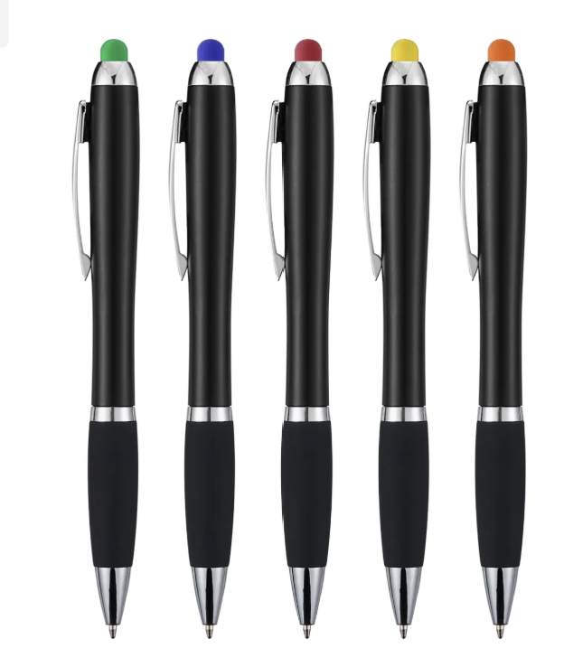 Engravable Black Stylus Ballpoint Pens with Multicolored LED Lights