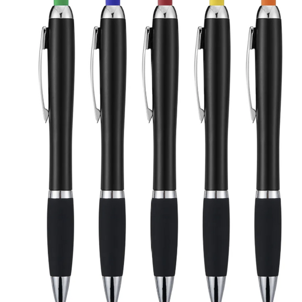 Engravable Black Stylus Ballpoint Pens with Multicolored LED Lights