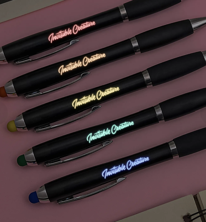 Engravable Black Stylus Ballpoint Pens with Multicolored LED Lights