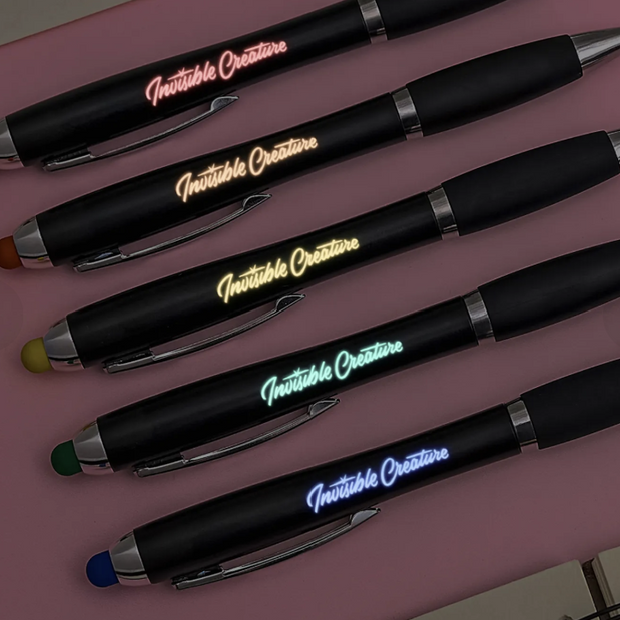 Engravable Black Stylus Ballpoint Pens with Multicolored LED Lights