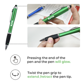 Engravable Black Stylus Ballpoint Pens with Multicolored LED Lights