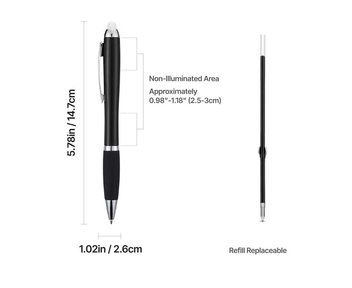Engravable Black Stylus Ballpoint Pens with Multicolored LED Lights
